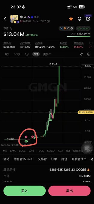 A mobile screenshot shows the GMGN token trading chart displaying a dramatic price surge from $395.06K to $13.04M (+12.96K%), with the user's entry point at 15.43M circled in red near the bottom, illustrating the post's lament of buying too early and missing the massive 300x gains despite holding through a bull run.
