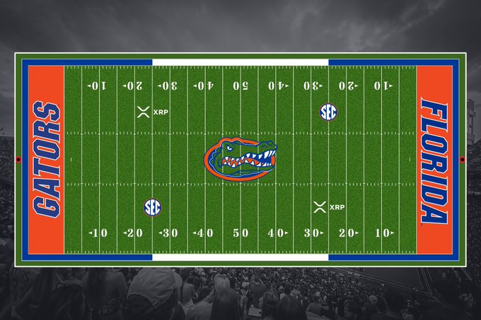 A Florida Gators football field displays XRP logos and “XRP” near the 20-yard lines, with a Florida Gators alligator logo at midfield. The image visually matches the post’s surprise at seeing the XRP branding on the pitch.