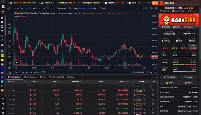 A cryptocurrency trading interface displaying a candlestick chart for the token BABYSHIB/SOL, showing its price trends and transaction history on the dexcreener platform.