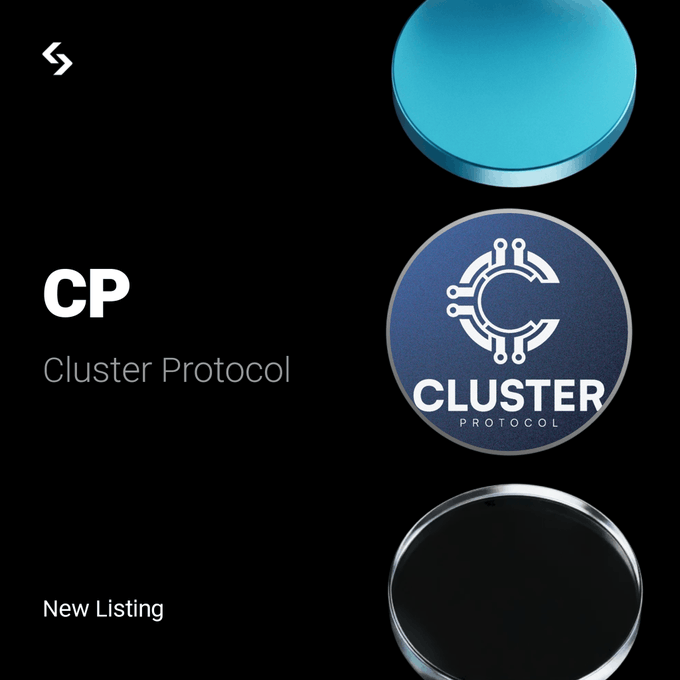 Promotional graphic announcing the new listing of Cluster Protocol ($CP) token on Bitget, featuring its logo alongside blue and black decorative spheres on a dark background, with "CP / Cluster Protocol" text and "New Listing" labeled at the bottom.