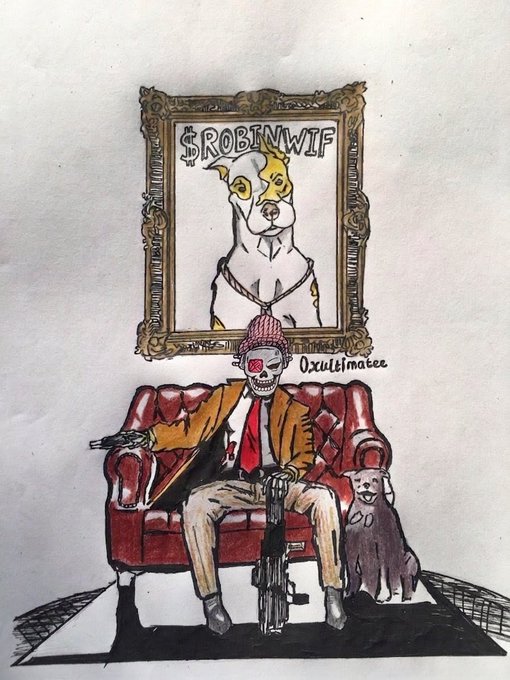 A hand-drawn illustration showing a skeleton wearing a red tie and beanie sitting in a red armchair with a gun, beneath a framed portrait of a pitbull with the text "$ROBINWIF". The artist is signed "Oxculimateee".