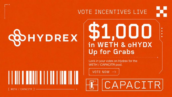 In this image, there are two elements related to a voting system involving Hydrex: an advertisement and a social media post promoting a vote incentive. The advertisement features a vibrant orange background with white text, announcing that Hydrex's $1,000 incentive is available for votes on WETH & OHYDX. This offer has been extended to the Capacitor crowd as well. 
The social media post, located below the advertisement, encourages users to vote by sharing the post. The post emphasizes that this initiative rewards people who participate in the voting process with a $1,000 incentive for WETH and OHYDX. To vote for this program, one should enter their vote before 7 PM EST on hydrex.fi/vote.