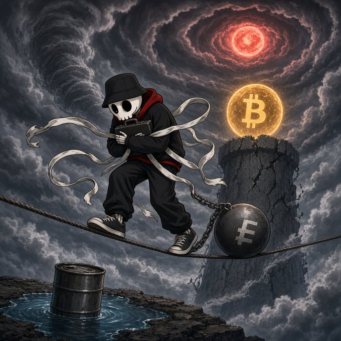 A stylized digital illustration of a skeleton character wearing a bucket hat and red-lined hoodie walking a tightrope, with a Bitcoin symbol on a tower, a ball and chain marked with a Franco symbol, and a stormy sky with a red spiral above.