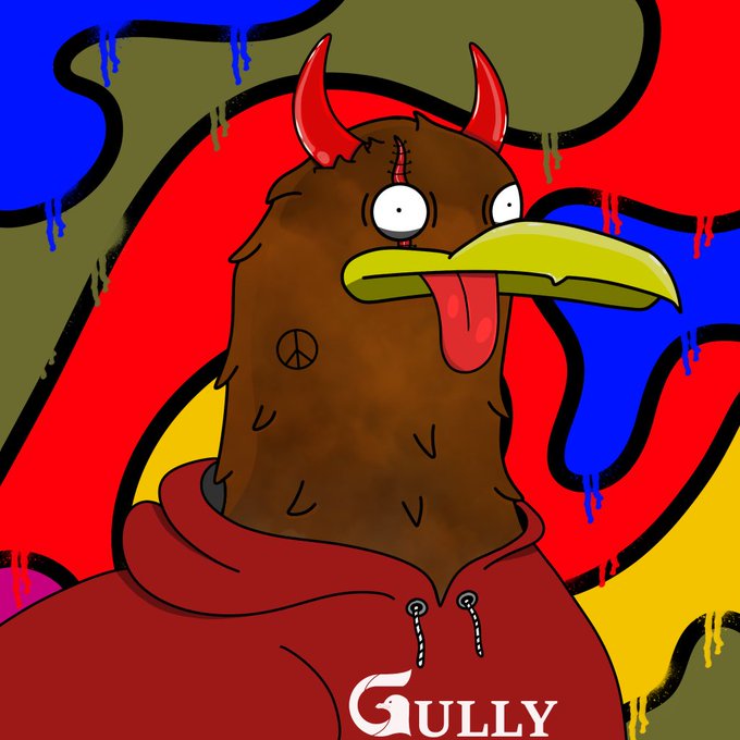 A cartoon illustration of a quirky brown bird-like creature with red horns, a yellow beak, and a peace symbol on its chest, wearing a red hoodie, with the word 'GULLY' at the bottom.