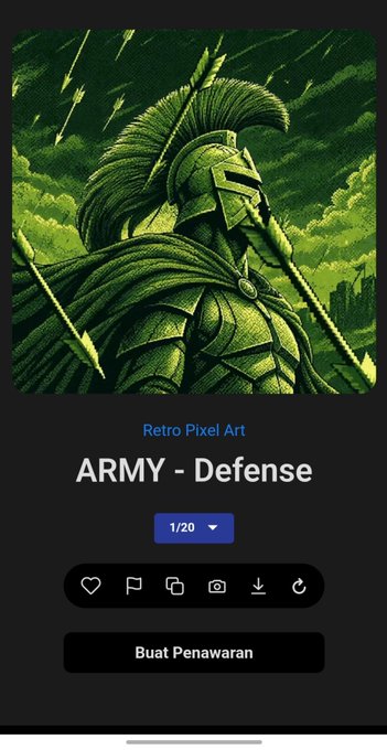 A mobile app interface displaying 'Retro Pixel Art' in green tones, featuring an armored knight with a plumed helmet and cape under a sky with falling arrows, titled 'ARMY - Defense' with a '1/20' indicator.