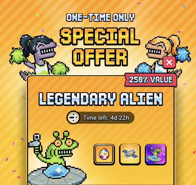 A vibrant pixel-art game promo advertises a "ONE-TIME ONLY SPECIAL OFFER" with "250% VALUE" featuring a "LEGENDARY ALIEN" bundle, showing 4 days and 22 hours remaining alongside pixelated alien characters and reward icons, tying into the post's theme of a rare, time-limited alien encounter in Craft World.