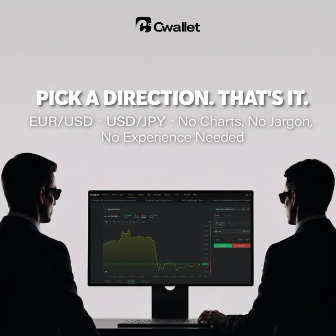A promotional image for 'Gwallet' featuring two silhouetted men in suits looking at a trading screen, with the tagline 'PICK A DIRECTION. THAT'S IT.' advertising simple EUR/USD and USD/JPY trading.