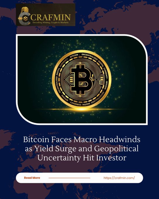 A graphic from 'CRAF MIN' (Decoding Mining, Crypto & Markets) shows a Bitcoin coin with the headline 'Bitcoin Faces Macro Headwinds as Yield Surge and Geopolitical Uncertainty Hit Investor' and a link to https://crafmin.com/.
