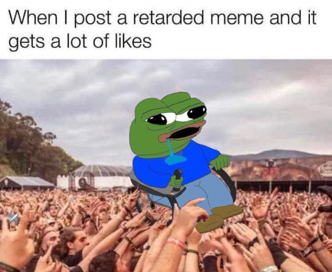 A sad Pepe the Frog sits on a chair held up by a crowd, with text reading "When I post a retarded meme and it gets a lot of likes." The image humorously mirrors the post's vague, non-committal Bitcoin commentary by suggesting the poster's low-effort takes get amplified and praised by an enthusiastic crowd regardless of substance.