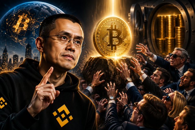 CZ (Changpeng Zhao), wearing a Binance hoodie, gestures toward a glowing Bitcoin coin resting on a rock, surrounded by a crowd of people reaching for it, with the Binance logo and a vault of gold coins in the background, illustrating the scarcity of Bitcoin's remaining 21 million supply that has captured the attention of "billionaires."