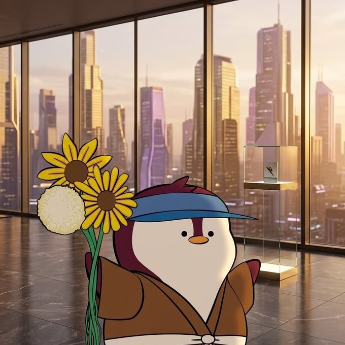 A cartoon penguin character wearing a blue visor and brown robe holds three large sunflowers while standing in a high-rise interior overlooking a city skyline at sunset.
