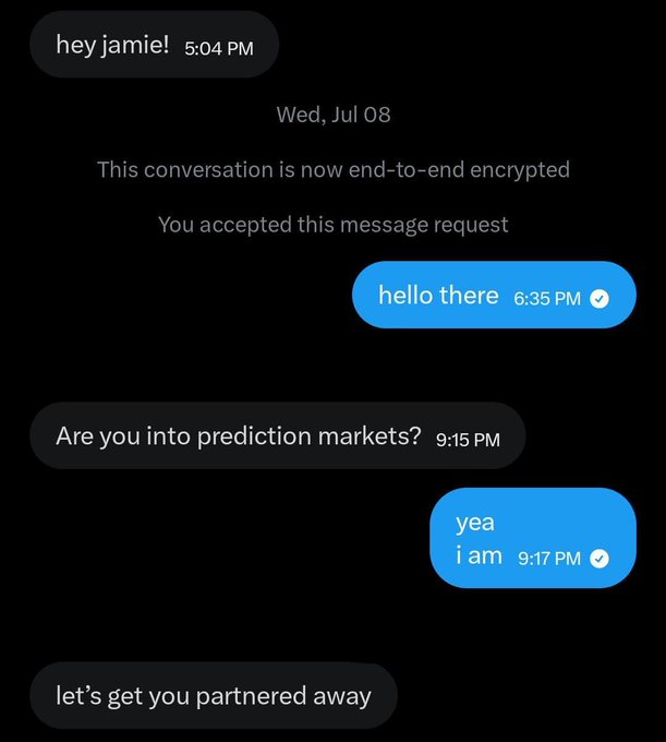 A screenshot of a text conversation on Messenger with Jamie, showing an exchange where Jamie asks about prediction markets and responds "let's get you partnered away." The image illustrates the user's excitement about landing a content partnership deal, likely related to their crypto/prediction market work, celebrating their first win in a while after creating a video for ANSOM.