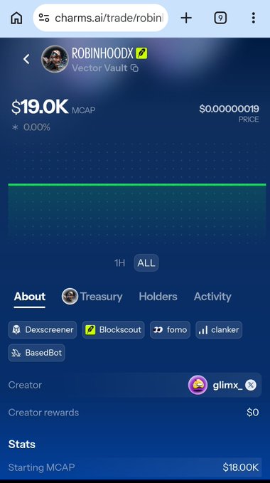 A mobile screenshot from charms.ai showing a token called 'ROBINHOODX' (Vector Vault) with $19.0K MCAP, created by glimx_, with links to Dexscreener, Blockscout, fomo, clanker, and BasedBot.