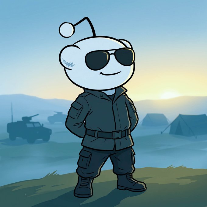 A cartoon illustration of a Reddit mascot (Snoo) dressed in a military uniform with sunglasses, standing in front of a military camp with tanks and tents at sunset.