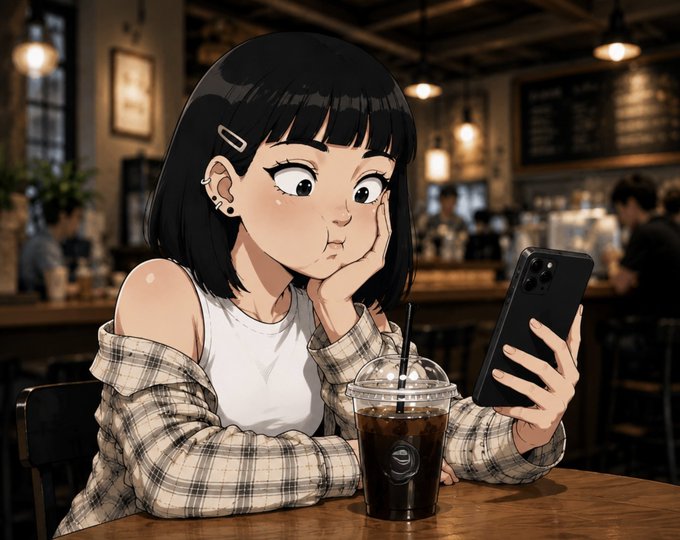 An anime-style illustration of a young woman with short black hair and a plaid shirt over a white tank top, sitting in a coffee shop and looking at her black smartphone with a pouting expression, with a dark iced drink in a plastic cup on the table.