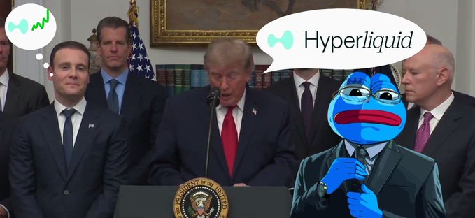 An edited photo shows President Donald Trump at a podium during an official appearance, with digital alterations: a sad blue cartoon character with a tearful expression has been inserted among the group of officials, accompanied by speech bubbles both asking about and displaying the "Hyperliquid" logo. The image visually references the caption's news about Trump mentioning HyperLiquid ($HYPE) and the SEC, humorously depicting the platform's emotional reaction to geopolitical developments affecting its US availability.