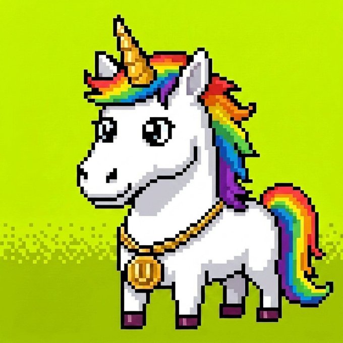 A pixel art illustration of a white unicorn with a rainbow mane and tail, golden horn, and a gold "U" pendant, set against a bright green background—depicting the "Unicorn Broker" NFT mentioned in the giveaway post.