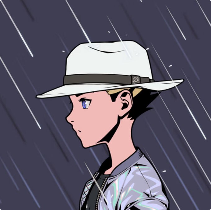 An anime-style illustration showing the side profile of a young person with blue eyes wearing a white fedora and a patterned jacket, standing in the rain.
