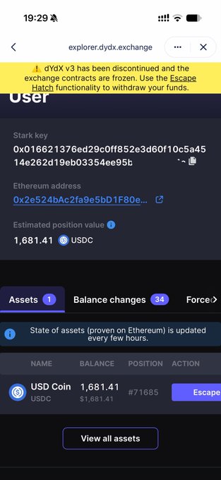 A mobile screenshot of the dYdX exchange explorer page showing a warning that "dYdX v3 has been discontinued and the exchange contracts are frozen," with a USDC balance of 1,681.41 visible.
