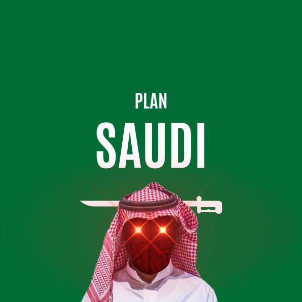 The image is a stylized NFT artwork featuring a figure in traditional Saudi attire (keffiyeh and face mask) with glowing red eyes, set against a green background with a curved sword behind them. Bold white text reads "PLAN SAUDI," tying into the post's promotion of @TheSaudisNFT collection for their summer NFT season.