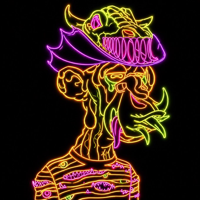 A neon-style illustration of a monstrous figure with an oversized, toothy grin and a bat-like wing, rendered in glowing green, pink, and orange outlines against a black background.