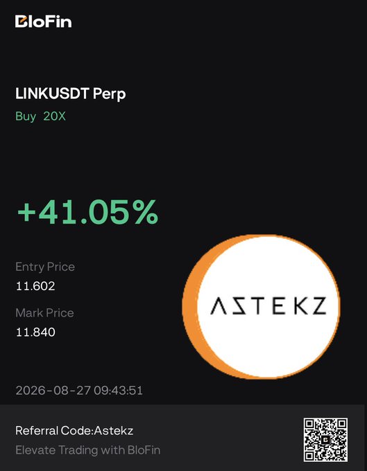 The image is a BloFin trading performance card showing a LINK/USDT Perp 20X long position with a +41.05% gain, an entry price of 11.602 and mark price of 11.840, branded with the "ASTEKZ" referral logo and code (BloFin.com/invite/astekz) to promote the trader's invite link.