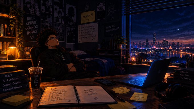 A person sits in a dimly lit room with a city skyline view, surrounded by an open planner filled with tasks like "next gig" and "networking," a laptop, and a sticky note reading "99." Stacked books labeled "Web3," "AI & Automation," "Content Creation," and "Financial Freedom," along with motivational posters such as "BUILD CREATE CONNECT IMPACT" and "MOVE AND BIGGER DREAMS," reflect the creator's 9-month journey and ambitions in the Web3 space.
