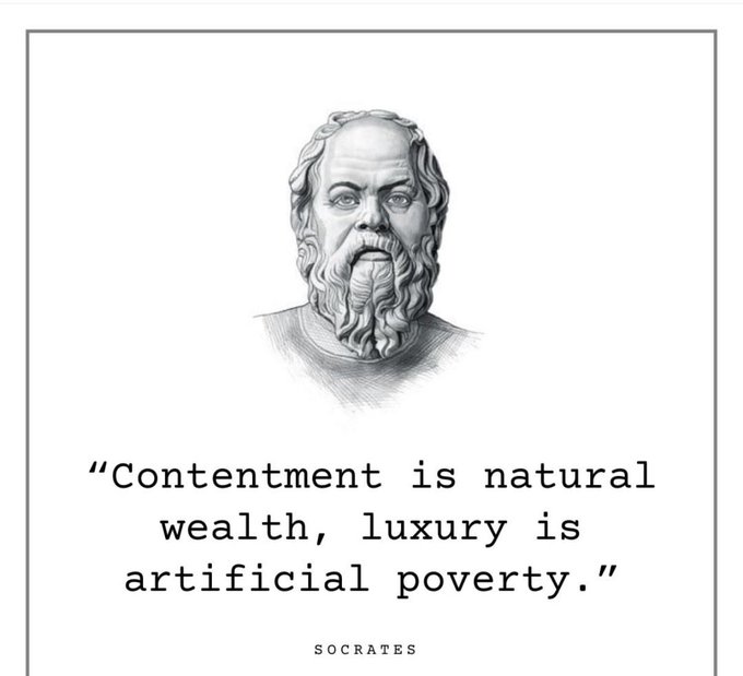 A sketch-style portrait of the philosopher Socrates is shown above a quote in a monospaced font that reads, "Contentment is natural wealth, luxury is artificial poverty."
