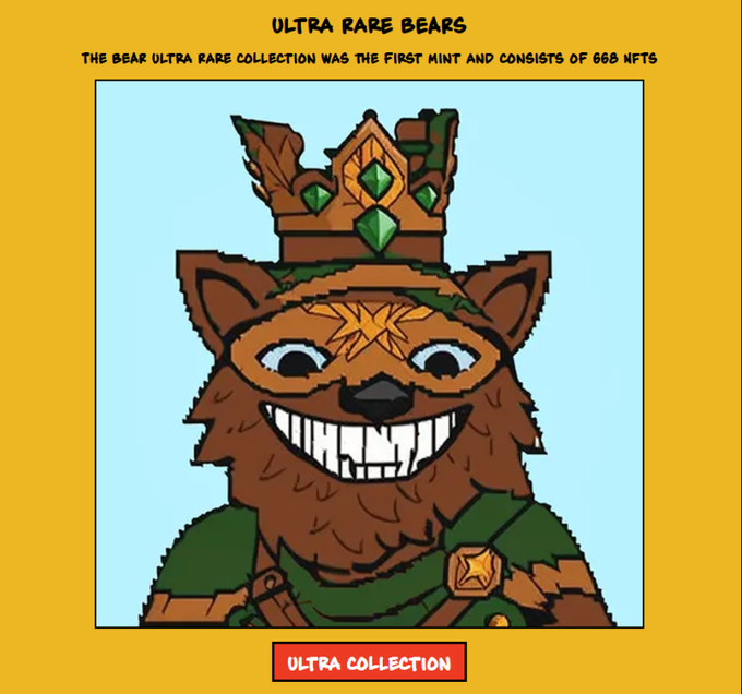 A pixel-style illustration showcases a brown bear with a wide toothy grin, wearing an ornate golden crown adorned with green gemstones and a green tunic with a star emblem. The text reads "ULTRA RARE BEARS" and notes that "THE BEAR ULTRA RARE COLLECTION WAS THE FIRST MINT AND CONSISTS OF 666 NFTS," with an "ULTRA COLLECTION" label at the bottom—promoting the rare Bear XRPL NFT project available via @xrpcafe.