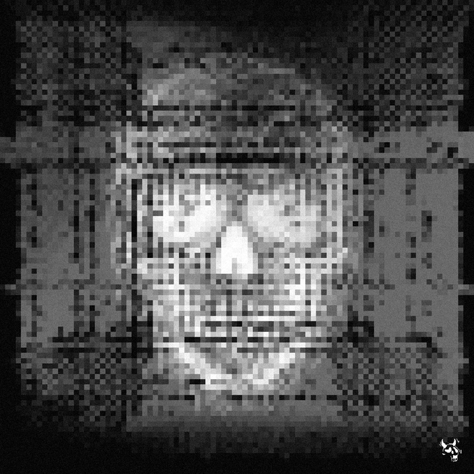 A highly pixelated, distorted grayscale image depicting a skull-like face emerging from static and noise.