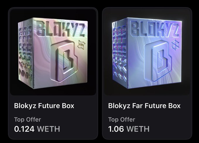 Two NFT listings titled 'Blokyz Future Box' and 'Blokyz Far Future Box' shown as iridescent 3D cubes, with top offers of 0.124 WETH and 1.06 WETH respectively.