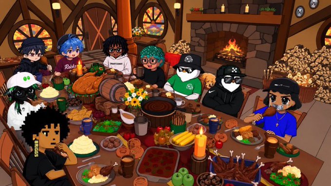 An animated illustration depicts a group of diverse characters gathered around a large table filled with food, drinks, and candles, set in a cozy room with a fireplace.