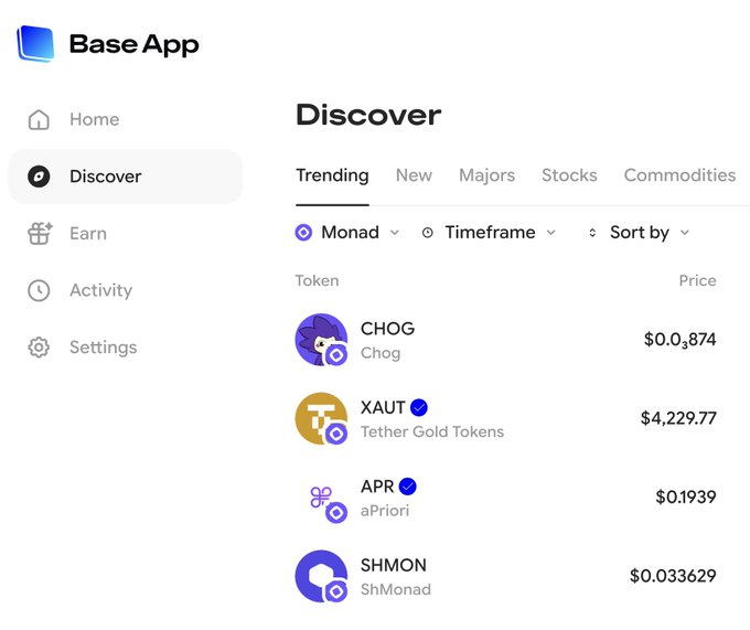 A screenshot of the 'Base App' interface showing the 'Discover' page, with a sidebar menu listing Home, Discover, Earn, Activity, and Settings, and a list of trending tokens including CHOG, XAUT, APR, and SHMON with their respective prices.