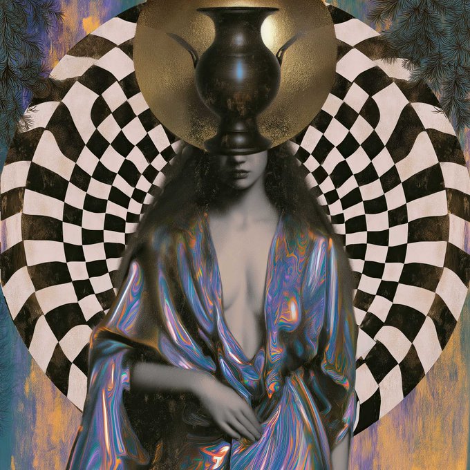 A surreal digital artwork shows a woman in an iridescent blue robe with a black checkered halo and a dark vase covering her head.