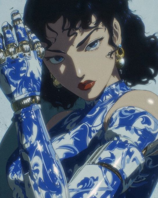 An anime-style illustration depicts a woman with curly black hair, blue eyes, and red lipstick wearing an ornate blue and white patterned dress with matching gloves, gold jewelry, and pearl earrings.