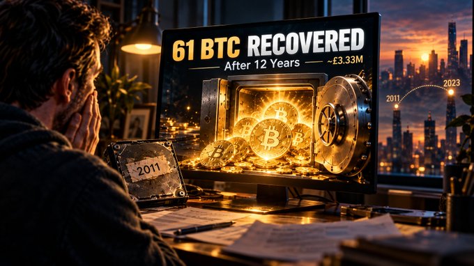 A man looks at a computer monitor displaying "61 BTC RECOVERED After 12 Years ~£3.33M," with gold Bitcoin coins emerging from a digital vault.