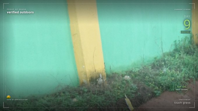A first-person view showing a hand reaching down to touch grass near a yellow post and a green wall, styled like a camera HUD with text reading 'PROOF-OF-GRASS verified outdoors', 'DAY 9', and 'CERTIFIED BY touch grass'.
