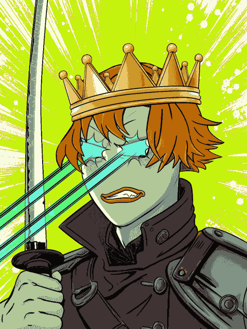 An anime-style illustration of a sword-wielding character with orange hair, a golden crown, and glowing teal visor emitting laser beams, set against a vibrant green burst background.