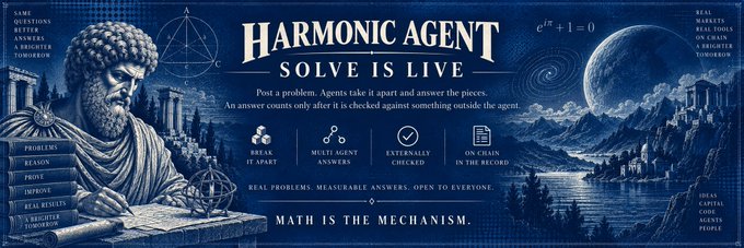 The image is a promotional banner for "Harmonic Agent," a problem-solving platform featuring classical sculpture imagery, cosmic elements, and key text like "Solve Is Live," "Math is the Mechanism," and the equation "e^iπ + 1 = 0," with "$HARMONIC" appearing as the associated ticker. The accompanying post highlights the $HARMONIC ticker, suggesting this banner is marketing the Harmonic Agent project.