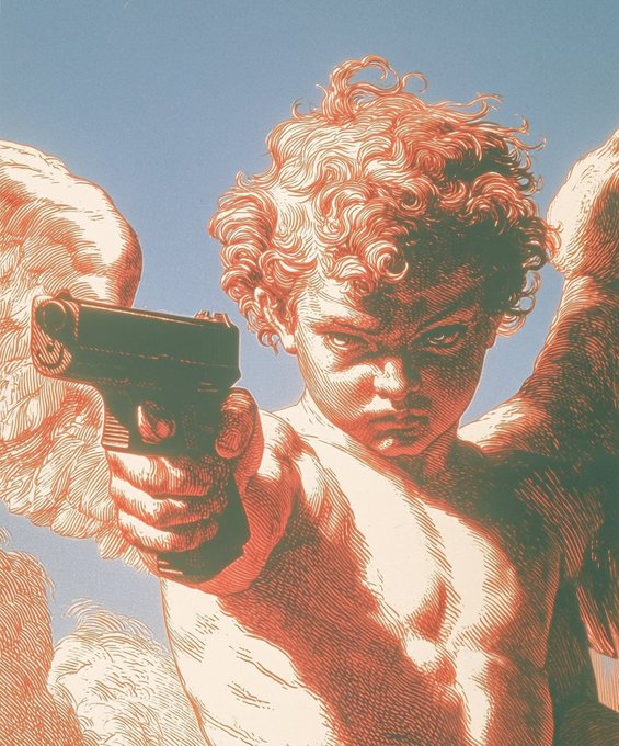 An illustrated artwork depicts a curly-haired cherub-like figure pointing a gun directly at the viewer against a blue sky, rendered in red and green tones.