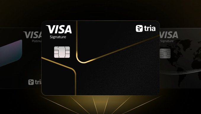 A promotional graphic of a black and gold 'VISA Signature' card from 'tria' displayed against a dark background with gold geometric accents.