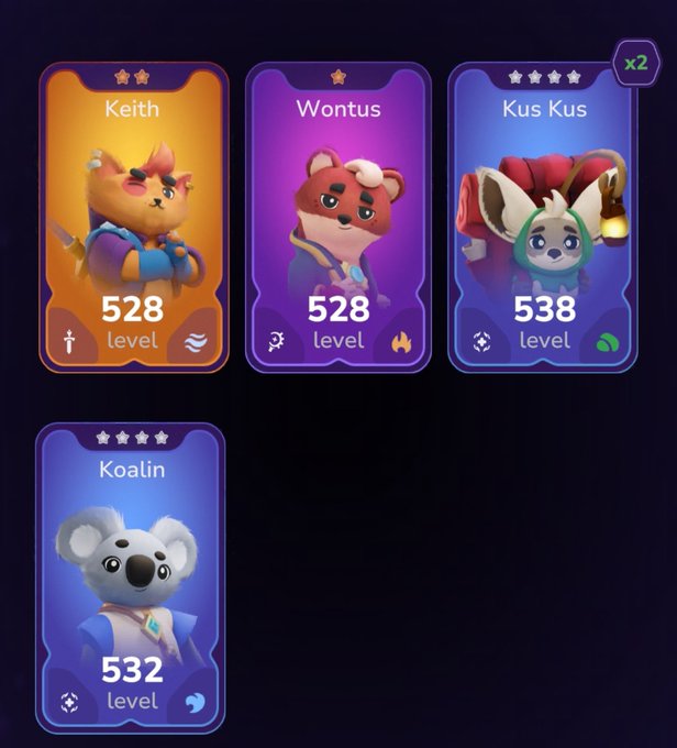 A screenshot from a mobile game displays four character profile cards for animals named Keith (level 528), Wontus (level 528), Kus Kus (level 538), and Koalin (level 532), each showing different star ratings and elements.