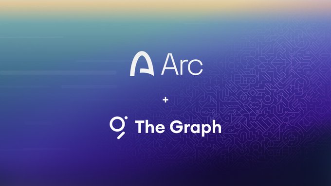 A promotional graphic announcing The Graph's support for the Arc blockchain, featuring the Arc and The Graph logos with a plus sign between them on a colorful gradient background with a circuit-like pattern. The image visually represents the integration partnership described in the post, highlighting that developers can now index Arc's data using Subgraphs (GraphQL) or Substreams (real-time streaming).