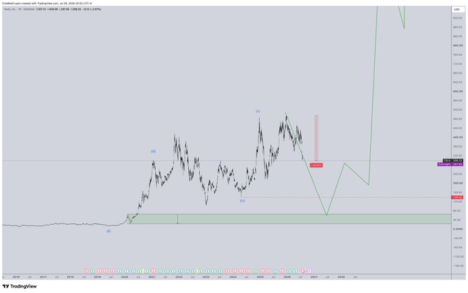 A TradingView chart of Tesla ($TSLA) on a logarithmic scale showing a significant downtrend from highs around $488 to current levels near $229, with wave labels (5), (B), (C), and (D) marked, and a projected green line indicating further downside—visually reinforcing the post's warning against chasing hype-driven rallies.