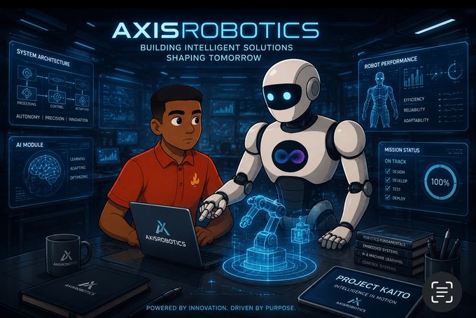 A stylized digital illustration for 'AXISROBOTICS' featuring a young man in an orange shirt working on a laptop alongside a white humanoid robot, surrounded by futuristic UI panels labeled 'SYSTEM ARCHITECTURE', 'AI MODULE', 'ROBOT PERFORMANCE', and 'MISSION STATUS'.