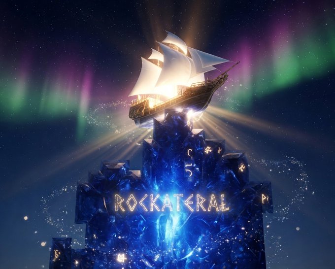 The image features a large ship sailing through a blue sky with a greenish hue, possibly an aurora borealis effect. The ship appears to be floating above a castle-like structure that has the word "Rockateral" written on it. The text in the image reads "Congrats to the Rockateral community, we’ve reached #50E in volume. You guys are amazing!"