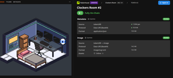 A web interface displays details for a 'Clockers Room #2' ERC-721 token, showing a pixel art isometric room with a desk, computers, and bed on the left, and metadata details including 'tokenURI' and 'image/svg+xml' format on the right.