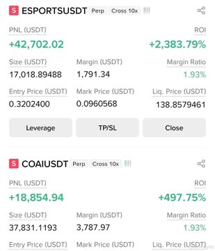 A crypto trading dashboard screenshot showing two successful perpetual positions: ESPORTSUSDT with a PNL of +42,702.02 USDT and ROI of +2,383.79%, and COAIUSDT with a PNL of +18,854.94 USDT and ROI of +497.75%, both displayed with 10x cross leverage and a 1.93% margin ratio. The image illustrates the trader's point about opportunity selection by showcasing two highly profitable trades alongside each other, emphasizing the importance of identifying the right setups rather than just any opportunity the market offers.