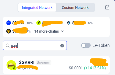 A cryptocurrency app interface showing a search for 'garr' with results displaying 'SGARRI' at $0.0001 with a +1412.51% change.