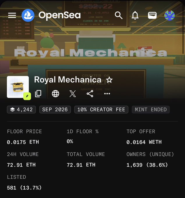 An OpenSea mobile screenshot displays the 'Royal Mechanica' NFT collection with 4,242 items, showing a floor price of 0.0175 ETH and 1,639 unique owners.